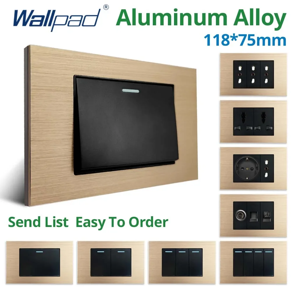 

Wallpad Золотая алюминиевая панель Настенный выключатель ЕС Великобритания США Итальянская Чили Розетка Кулисная кнопка 118*75 мм 16A AC110-250V