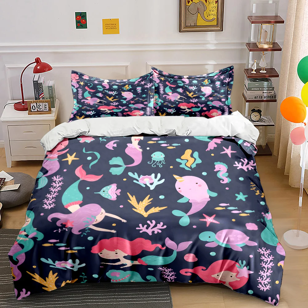 

Cute marine creatures and mermaid patterns Bedding Set 1 Duvet Cover 2 Pillowcases for Adult and Children Luxury Gift Full Size