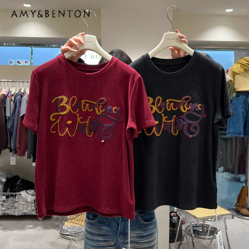 

Regular Shoulder O-Neck Brushed Short Sleeved T-shirt Autumn Winter Thick Heavy Embroidery Loose Versatile Top Tshirts Pullovers