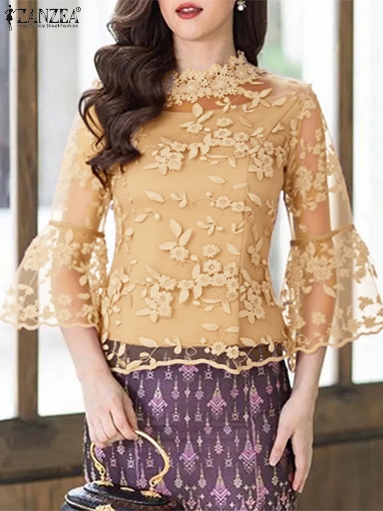 ZANZEA blusa elegante mujer otoño 3/4 manga acampanada túnica Tops 2025 camisas de encaje de moda malla Patchwork Casual Blusas transparentes