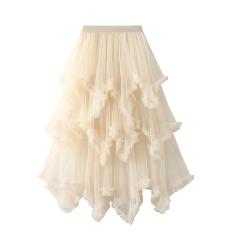 

Wood ear edge irregular gauze cake skirt in the long high waist big swing Peng peng fairy gauze skirt long dress