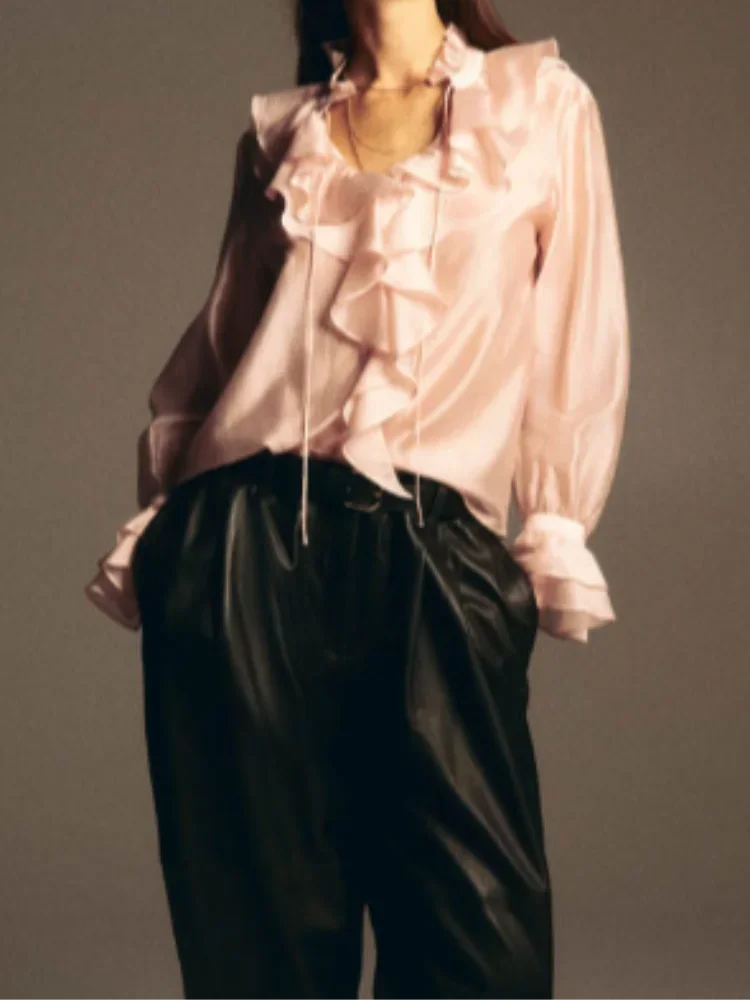 

Sweet Pink Ruffle Bell-sleeve Blouse Women Chic V-neck Lace Up Layered Loose Cropped Shirt Lady 2026 Daily Commute Office Shirts