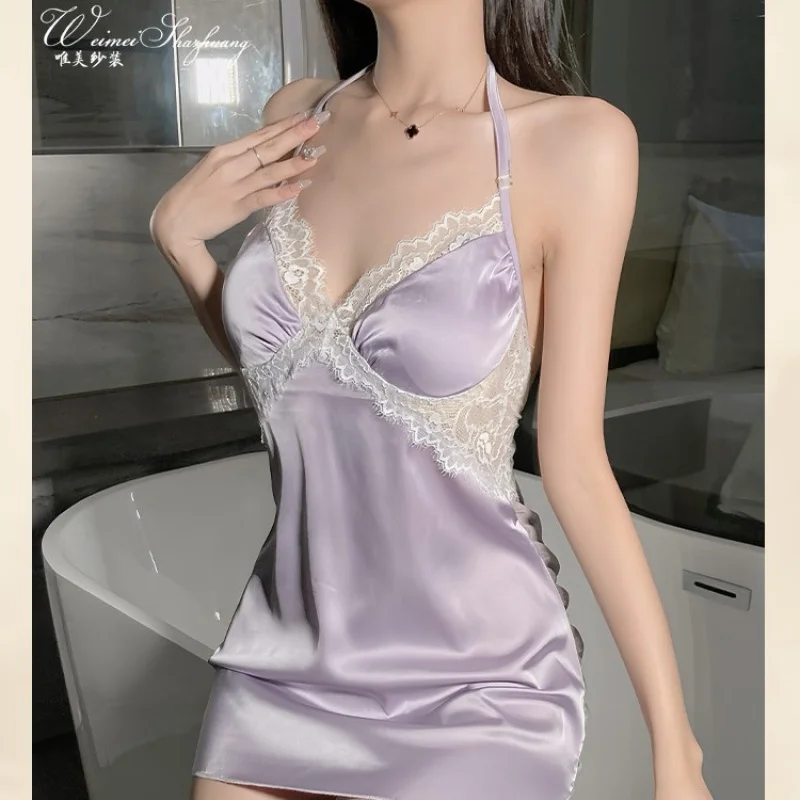 

New Halter Neck Low-Cut Strap Bow Backless Nightdress Sexy Sheer Chest Pad Sleepwear