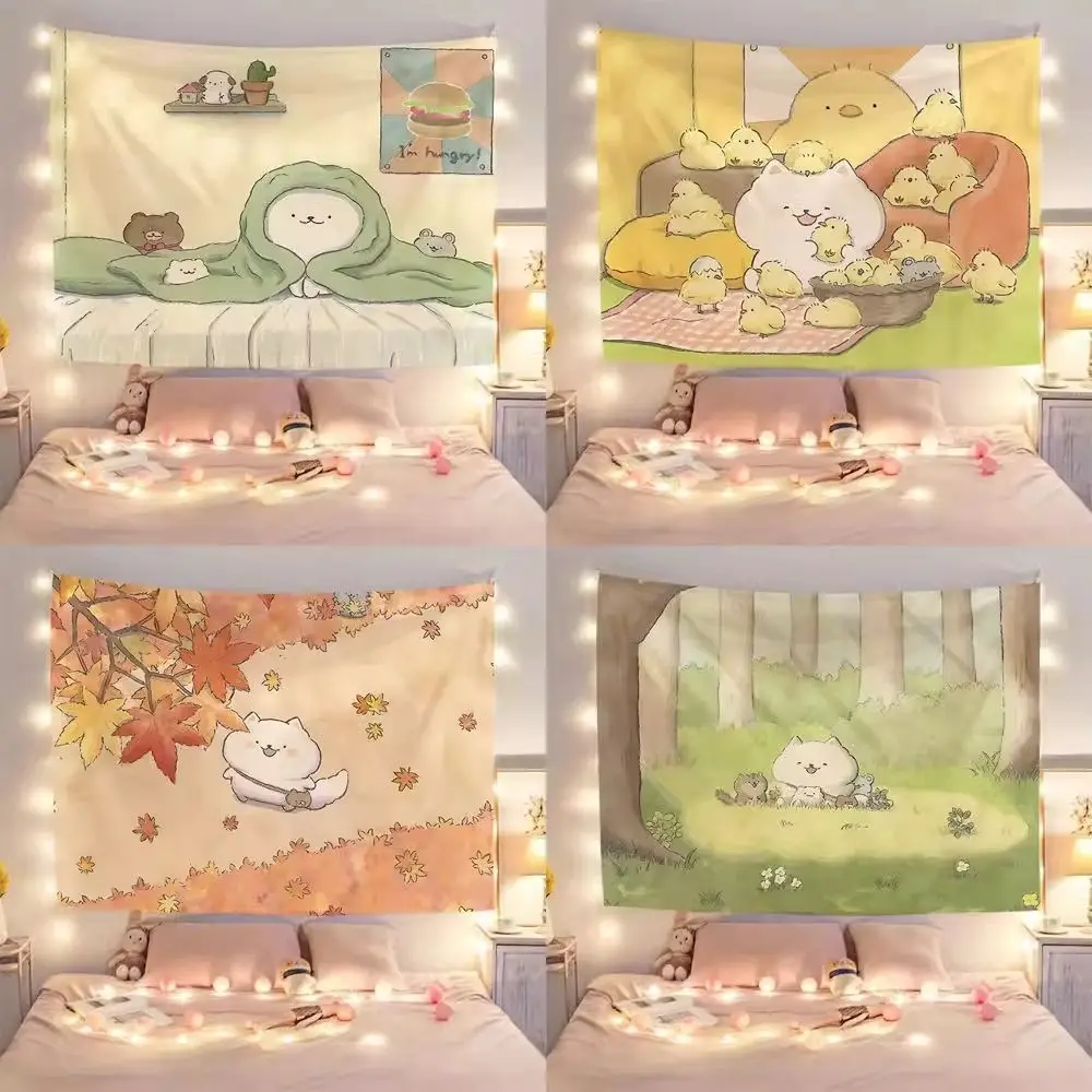VIKAMA Cartoon Ins Background Cute Bedroom Hand-Painted Bedside Illustration Dormitory Room Wall Tapestry Tapestry Decoration
