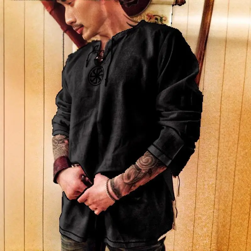 남성용 오버사이즈 코튼 린넨 셔츠 긴팔 캐주얼 스타일 자수 순색 봄 여름 가을 착용 청년용