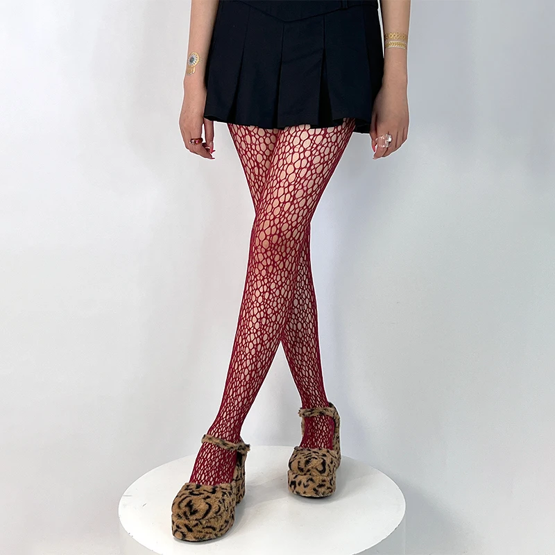 Women Fashion Gothic Flower Hollow Out Sexy Pantyhose Y2k Fishnet Wine Red Ins Hot Girls JK Tights High Elastic Hipster Leggings
