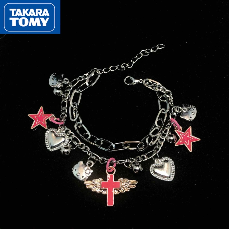 TAKARA TOMY Cute Hello Kitty Star Wings Double Layer New Girlfriend Bracelet Girl Sweet Cool Light Daily Matching Jewelry