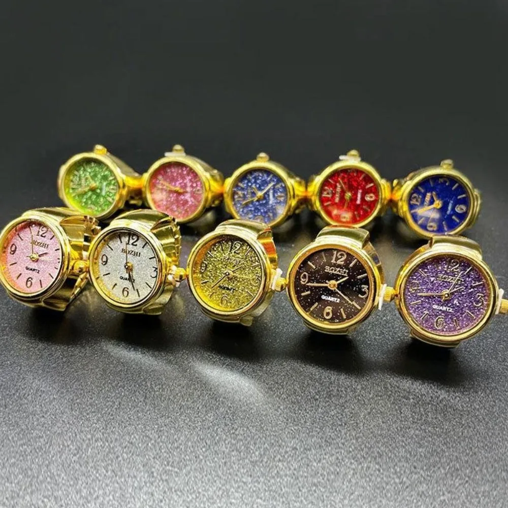Retro Gem Bling Clock Dial Punk Finger Watches for Women Men Elastic Strap Mini Couple Rings Clock Quartz Watch Rings Jewelry