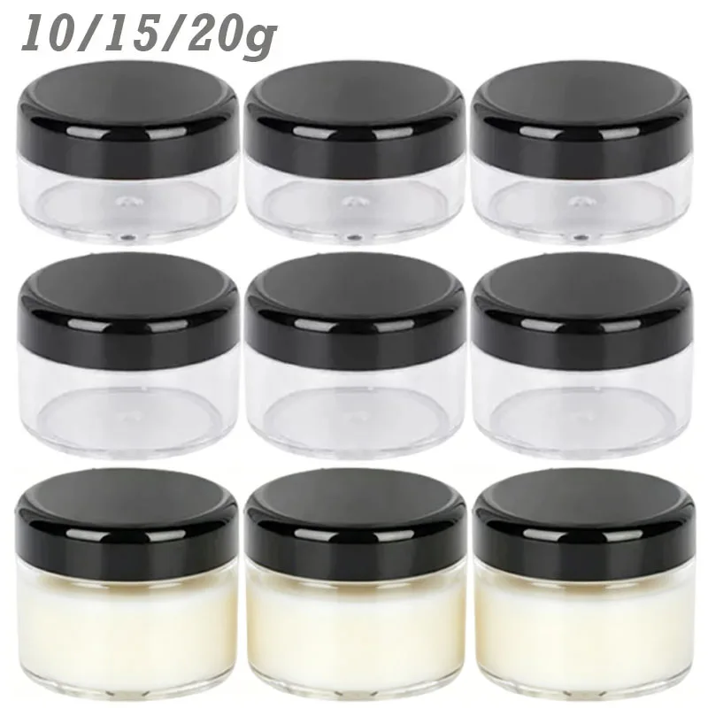 100-個-10-グラム-15-グラム-20-グラム化粧品クリーム瓶黒キャッププラスチックボトルクリアフェイスクリームサンプルポット容器空の詰め替えボトル