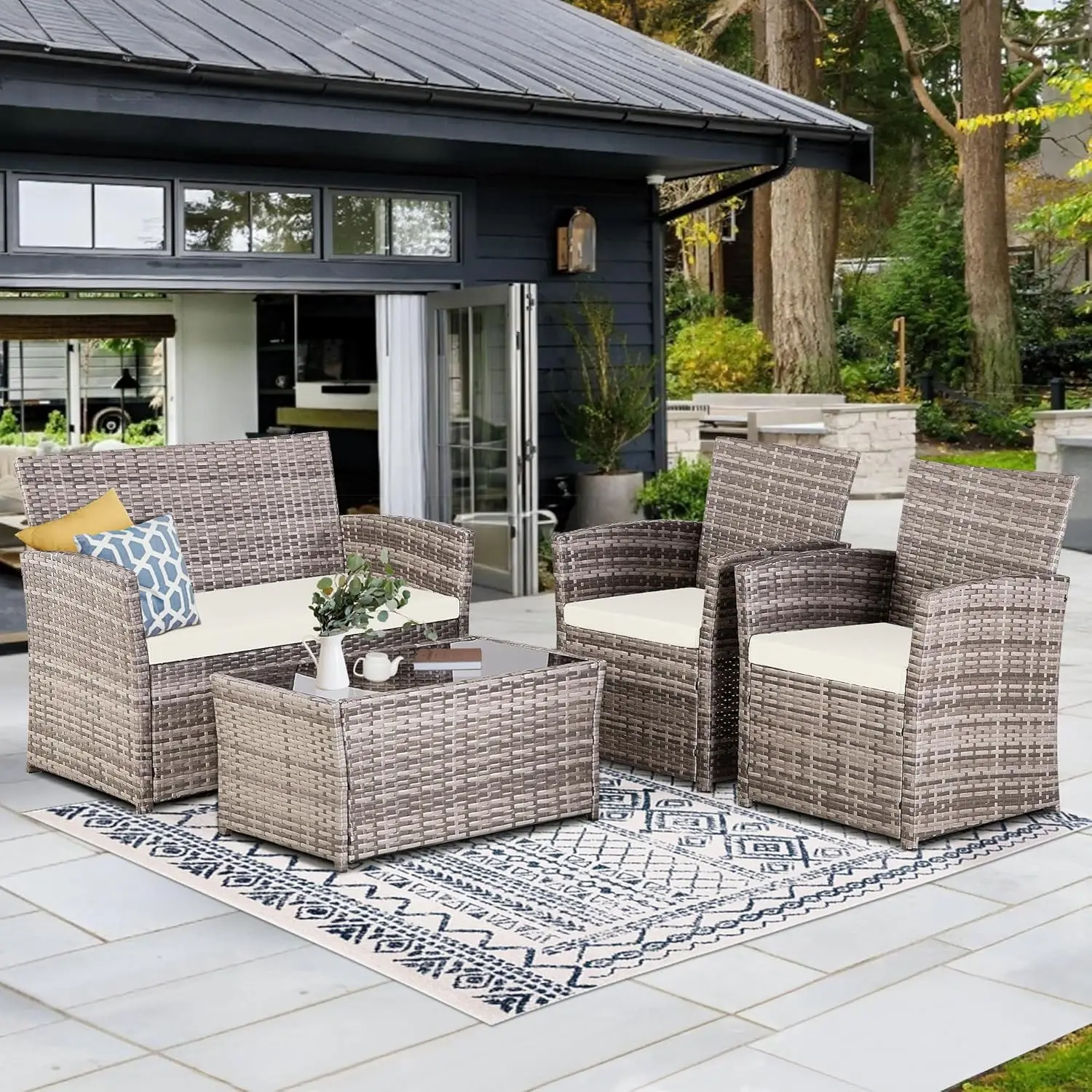 4-delige Terrasmeubelset, Outdoor Rieten Conversatiesets, Rotan Sectionele Bank Met Salontafel, Zitkussens (4 Stuks)