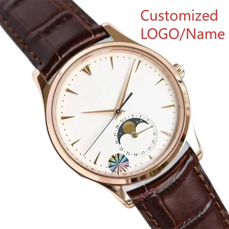 ساعة يد ميكانيكية أوتوماتيكية فاخرة للرجال من الفولاذ المقاوم للصدأ باللون الأسود والأزرق من الجلد MoonPhase ساعة يد رياضية مخصصة