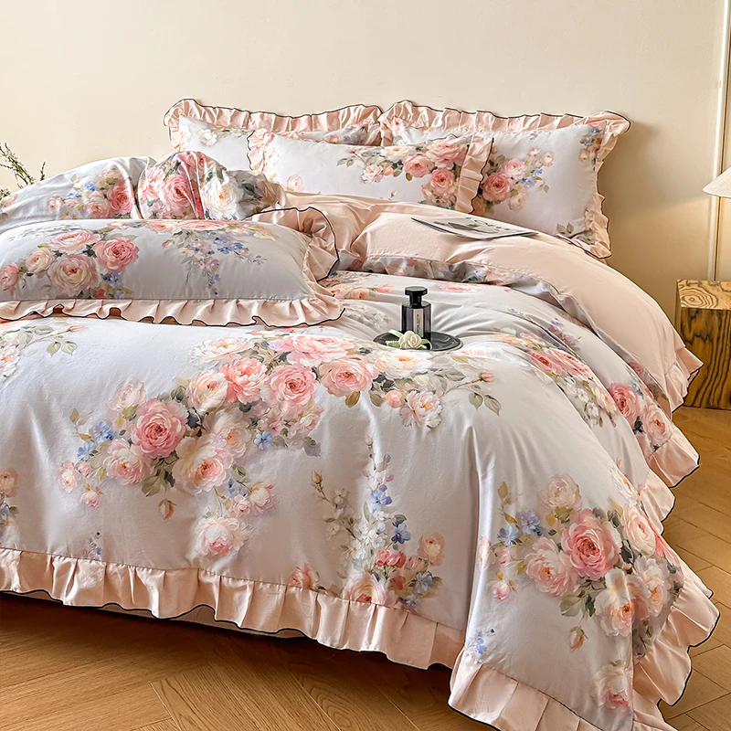 

Комплект постельного белья из 100% хлопка с винтажным цветочным узором, пододеяльник с оборками и наволочки, комплект простыней для кроватей размера Queen и King, на все сезоны