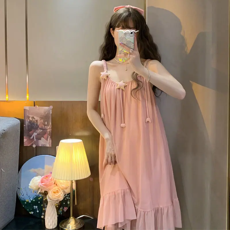 Nightgown Women V-neck Sexy Simple Sweet Casual Lace Patchwork Home Breathable Soft Design Korean Style Sleepwear Summer Fashion