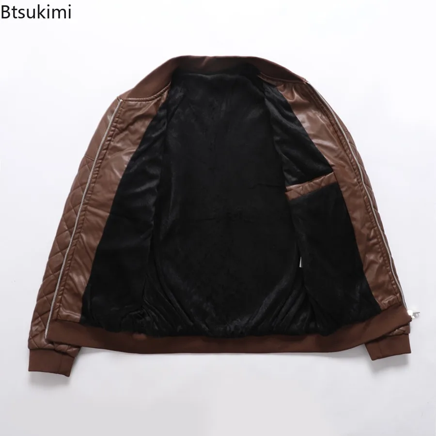 Men's Zipper Pocket Closure Hem Coats Autumn and Winter Casual Stand Collar Leather Jacket Machine Line Cotton Leather Jackets