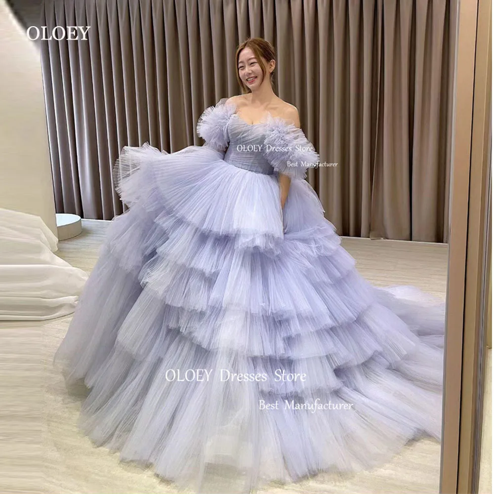 

OLOEY Luxury Lavender Tulle Evening Dresses Korea Wedding Photoshoot Off Shoulder Corset Back Garden Bride Gowns Party Evening