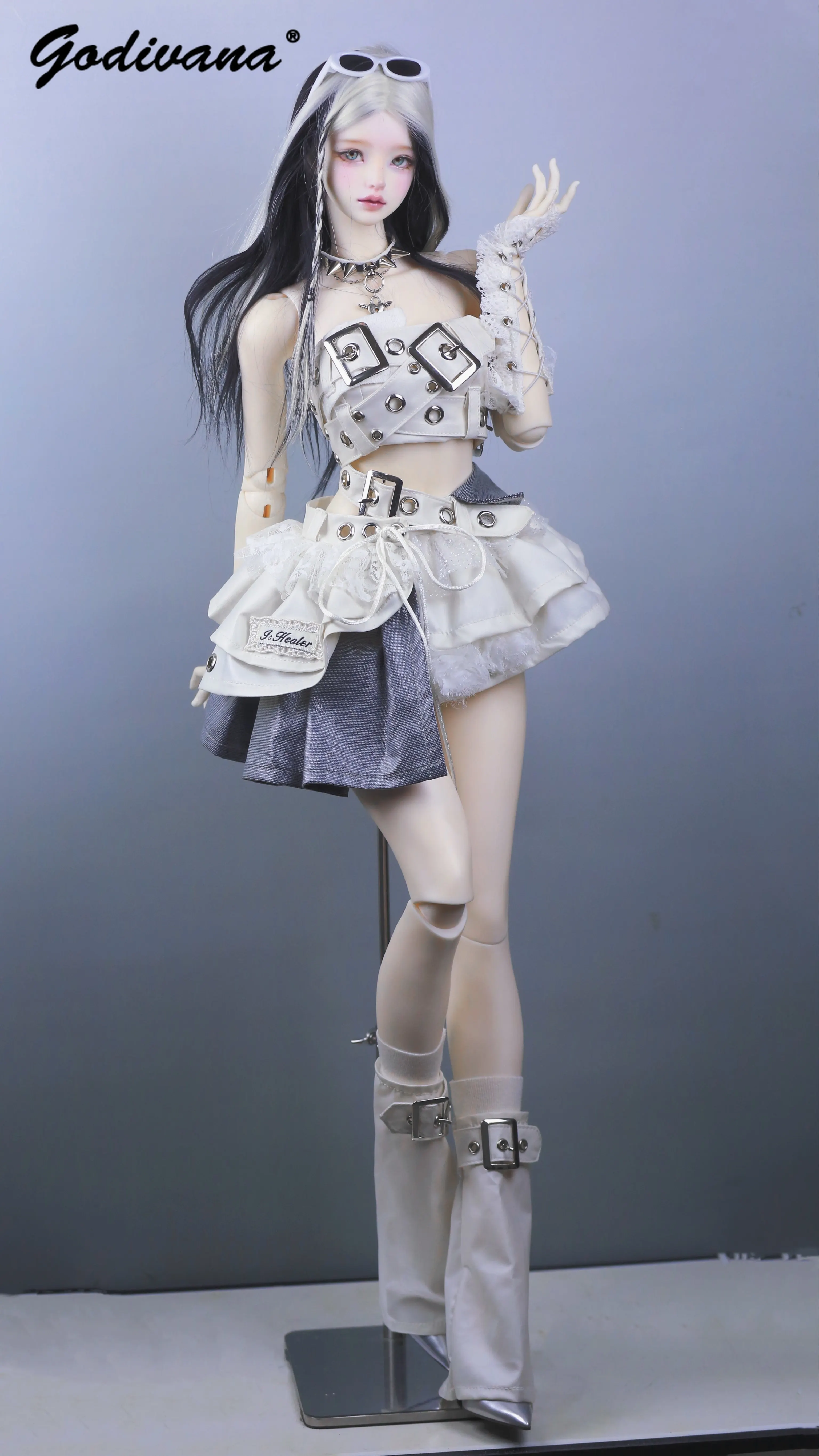1/3 BJD Doll Outfit Y2K Hot Girl Style Metal Buckle Tube Top Multi‑Layer Skirt Gloves Socks Full Set for 1/3 Large Girl Doll