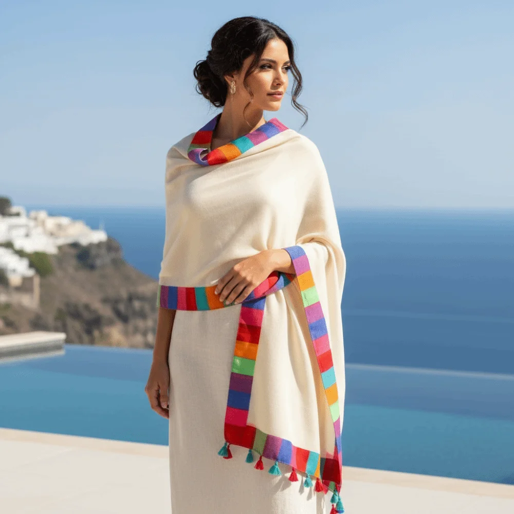 Neck Wrap Rainbow-Border Linen Scarf Tasseled Lightweight Beach Wrap Color-Block Oversized Sunscreen Sarong Sun-Protection