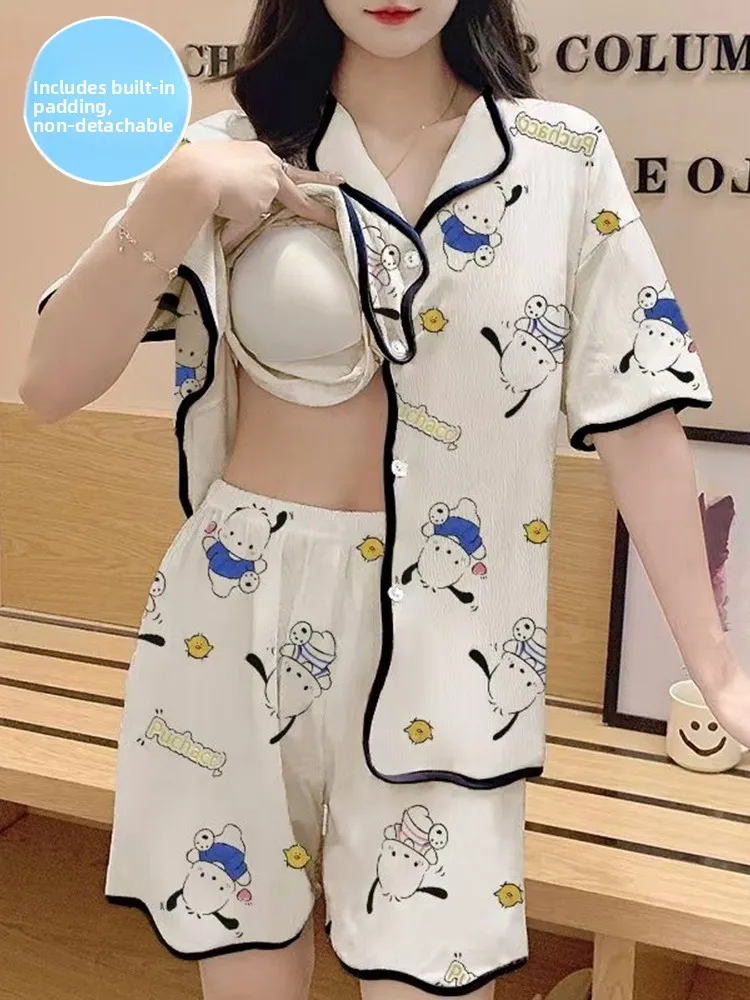 純綿女性用パジャマセット胸パッド付き夏漫画パチャット犬半袖ショーツ上着カーディガンホーム服 1