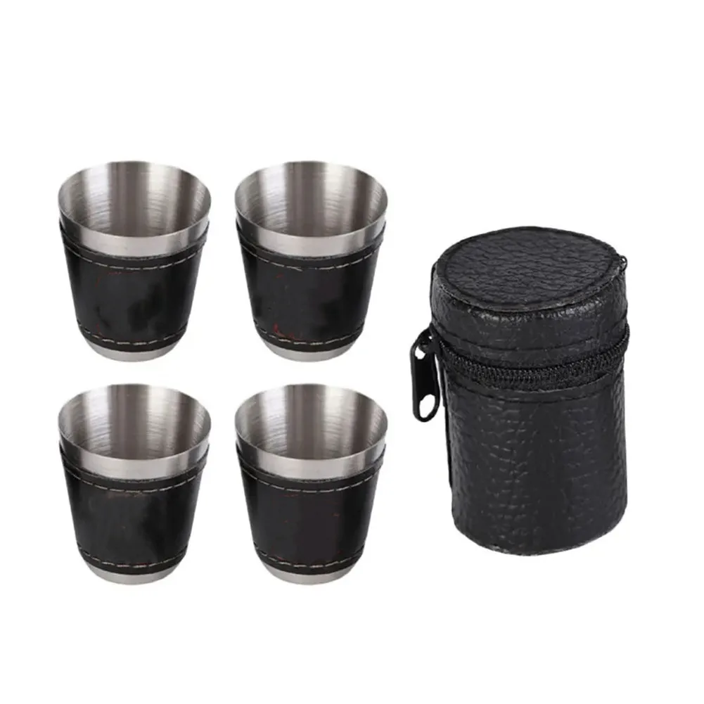 30ml Stainless Steel Cup Set 4pcs with PU Leather Carry Case Stackable Lightweight Cups for Outdoor Travel Camping