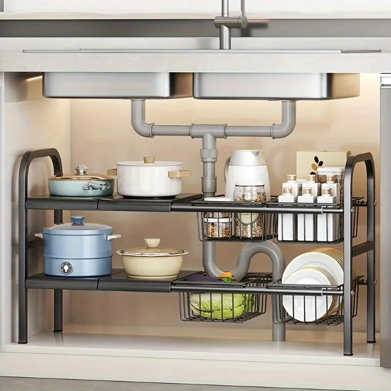 

Kitchen Under Sink Adjustable Pot Rack 2 Tiers Multifunctional Pots Pans Snack Cookware Rack Countertop Cabinet Storage Basket