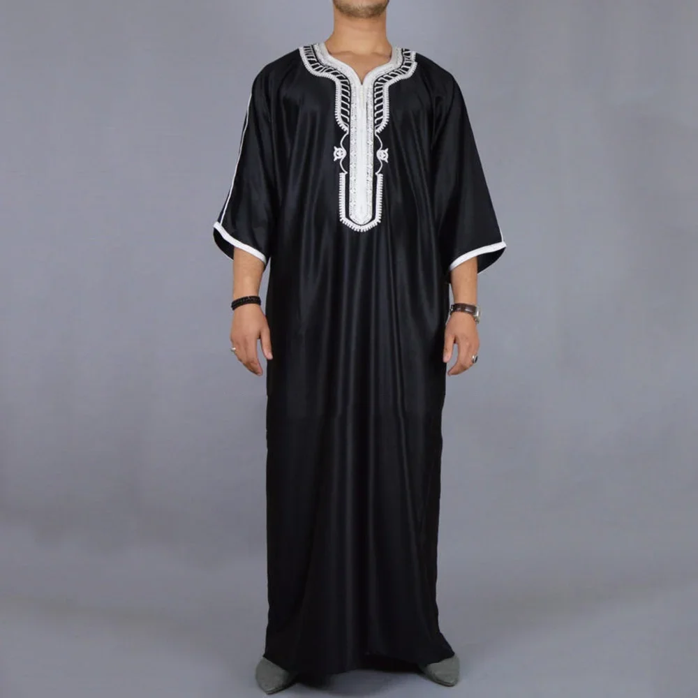 Jubah Muslim Lengan pendek, Modern Jubba Thobe, Lengan pendek, Jubah Muslim gaya etnik, Jubah Panjang longgar kasual kerah V