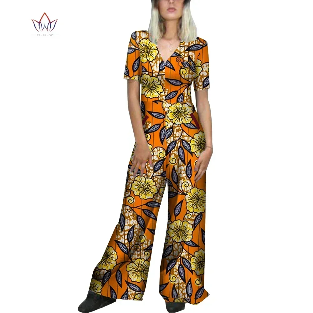 Africa Cotton Wax Print Romper Summer New Fashion Jumpsuits V Neck Short Sleeves Wide Leg Pants Jumpsuit African Clothing WY4459