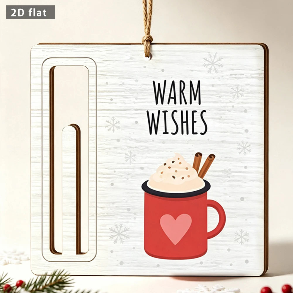 Christmas Wooden Hanging Plaque, 2D Flat Warm Wishes Hot Cocoa Sign, Winter Holiday Door Wall Hanging Ornament