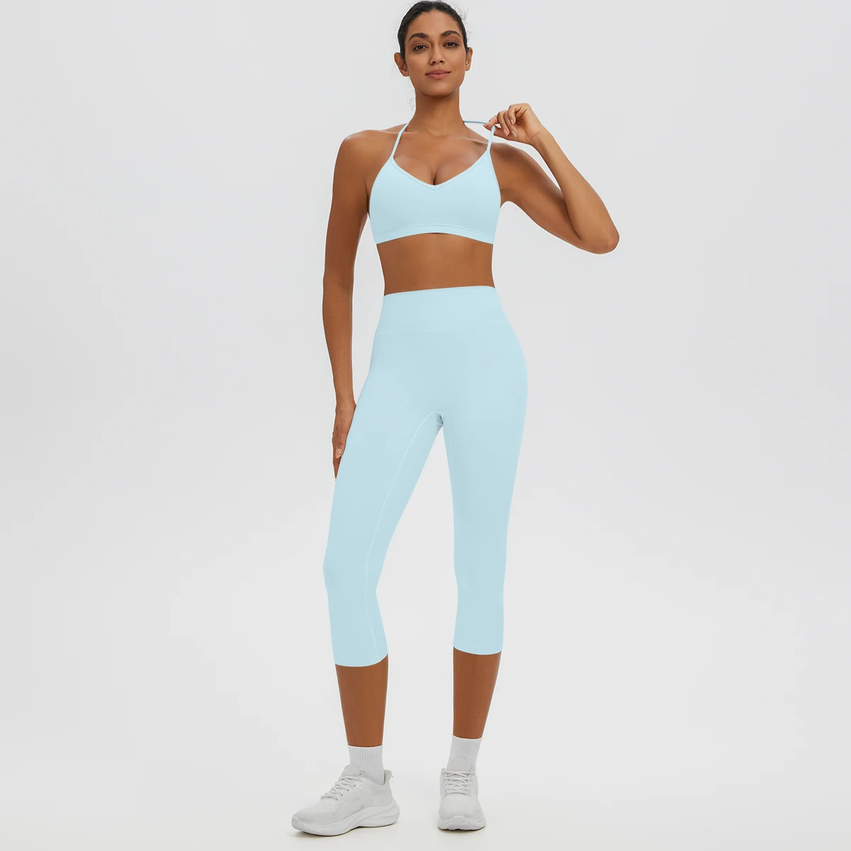 Women's Pants Set Summer High Stretch Capri Pants Sexy Backless Hanging Neck Bra Shock-absorbing Running Yoga Bra with Chest Pad