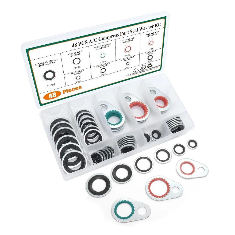 

48PCS A/C System Compressor Metal Ring And Rubber Gasket Seals Air Conditioning Compressor Port Sealing Gasket Washer Kit
