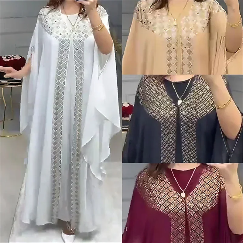 Rhinestones African Dress for Women Kaftan Africa Clothing Muslim Robe Chiffon Long Dress Islam Muslim Abaya 2 Piece Set 8296#