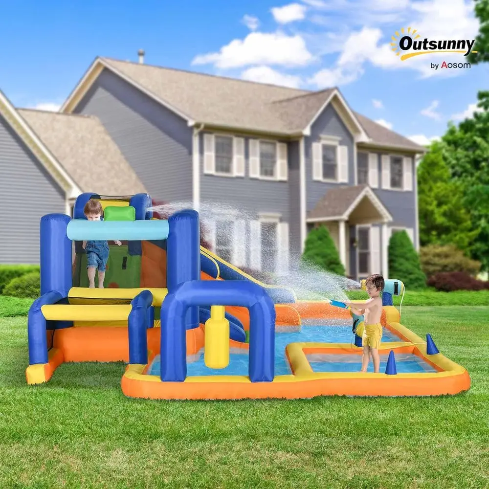 شرائح مائية قابلة للاستخدام للأطفال 7 في 1، منزل ترتد، حديقة مائية، قلعة قفز مع حمام سباحة مائي، منزلق، هدف كرة القدم، كرة السلة