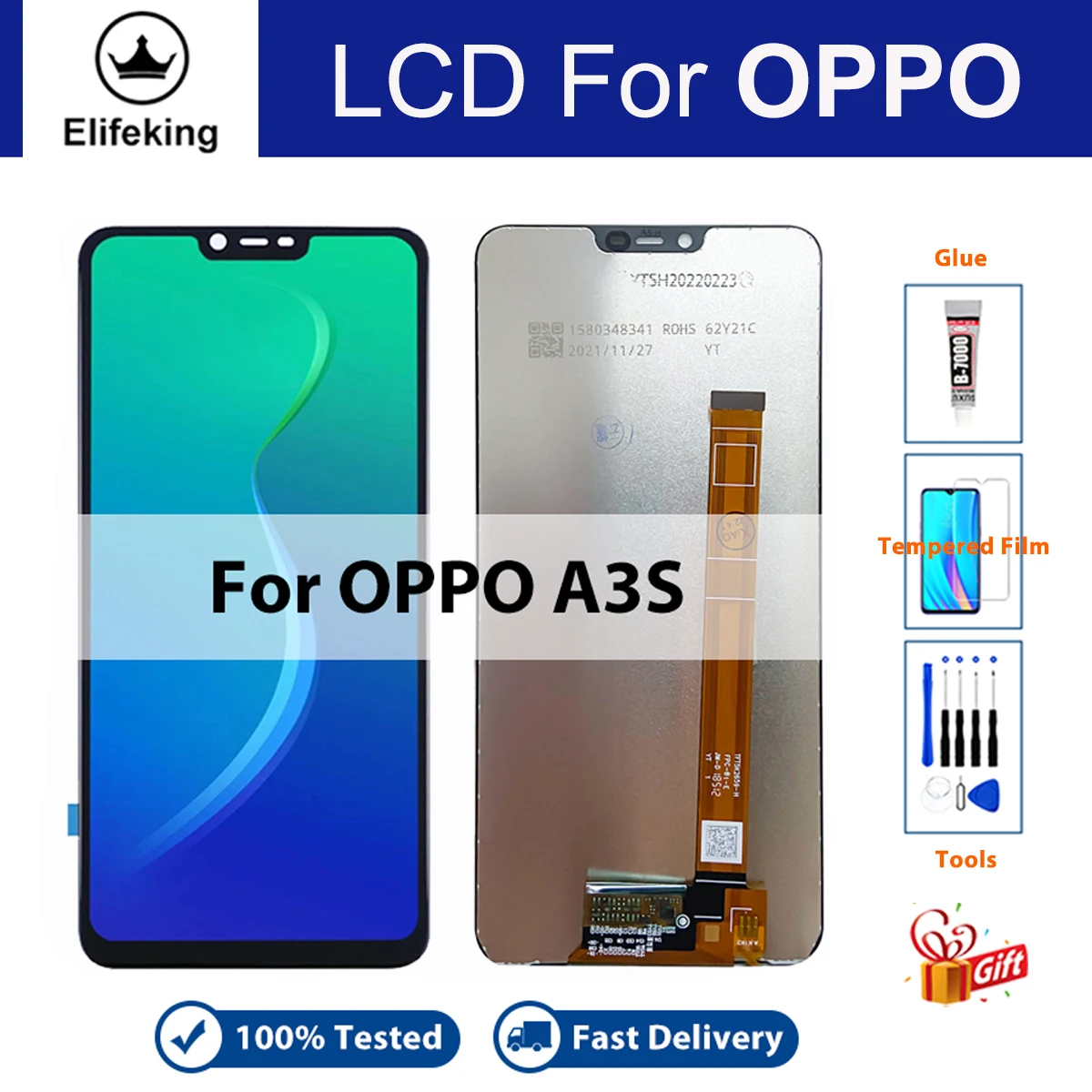 For OPPO A3S LCD Display Touch Screen CPH1803 CPH1853 CPH1805 Digitizer Assembly Replacement with Free Tempered Film Glue Tools