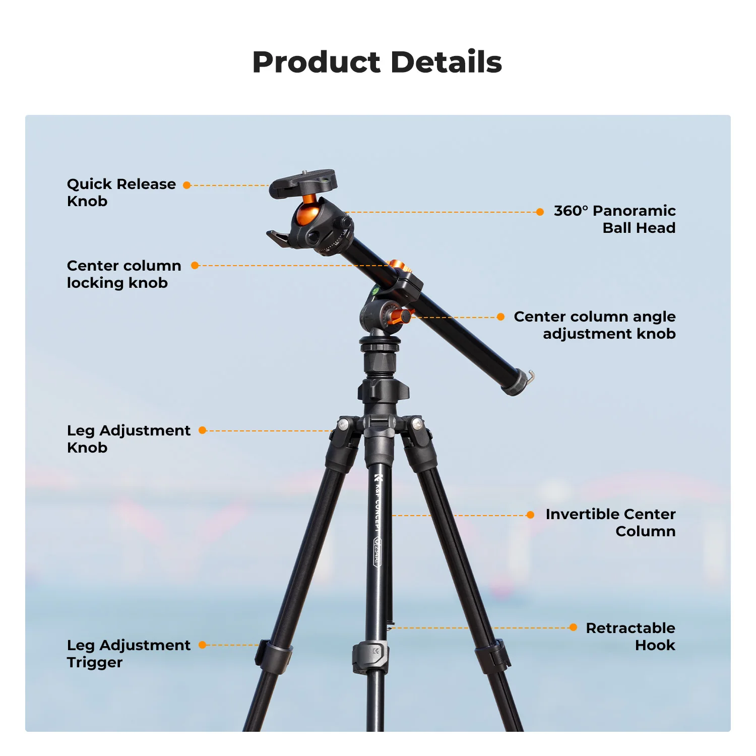 K&F CONCEPT 76인치 카메라 삼각대 회전식 다각도 센터 컬럼 8kg/17.6lb 하중 신형 경량 여행용 야외 DSLR 삼각대