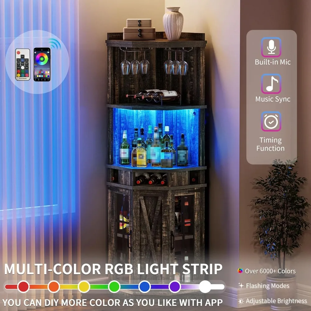 72 خزانة بار زاوية للمزرعة مع أضواء LED وباب زجاجي، خزانة مشروبات مع حامل زجاجي، كابينة بار الخمور من 6 طبقات