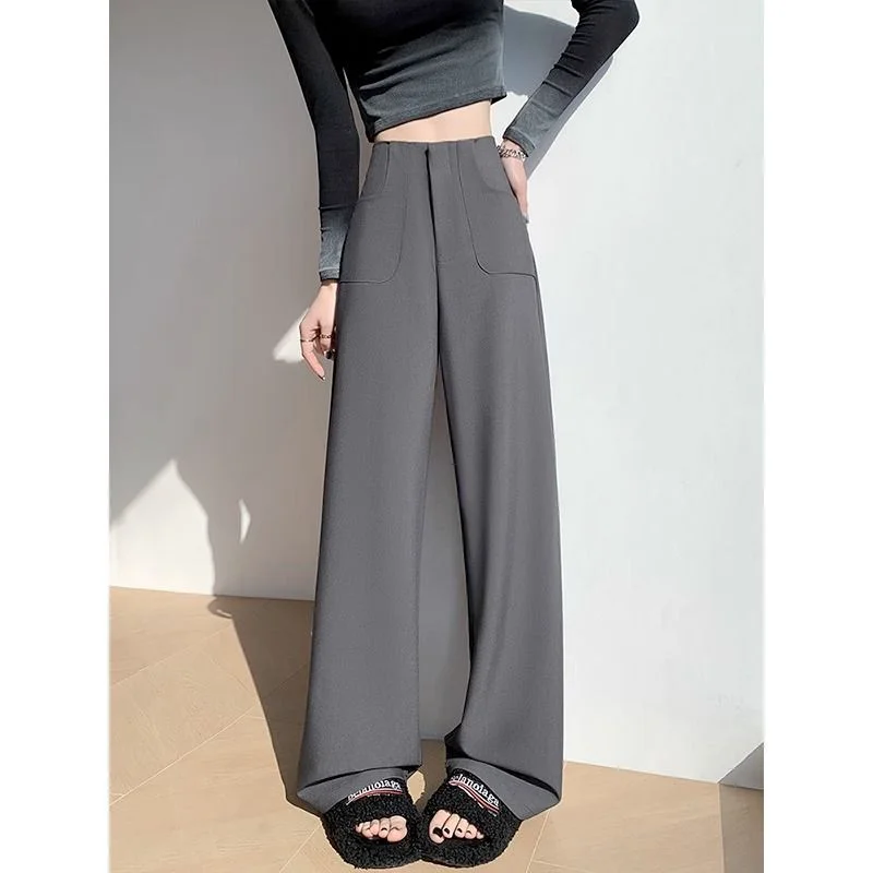 ブラックの高級レディーススーツ、ハイウエスト、2025年、流れるようなカジュアルなワイドレッグストレートドレスパンツ