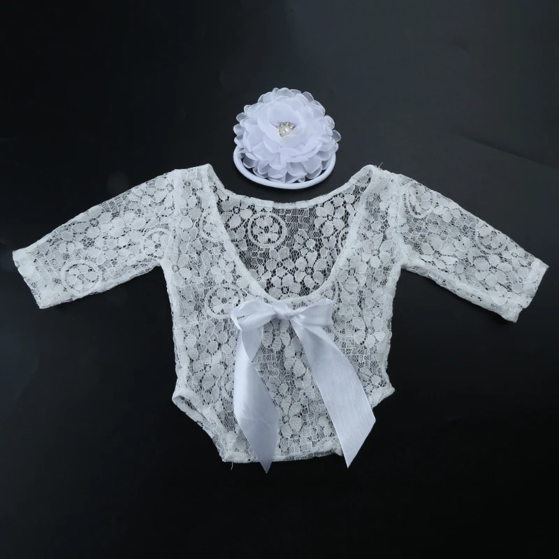 2 Pcs Lace Jumpsuit Bodysuit Floral Hairband Newborn Photography Props Baby Boys Girls Lace Romper Flower Headband Set W3JF