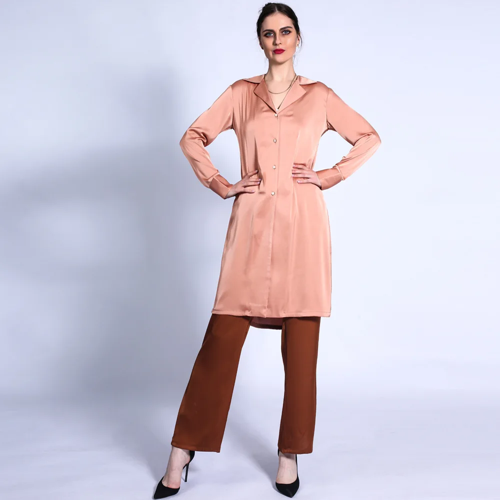 2PCS Women Fashion Muslim Sets Elegant Long Sleeve Turn Down Collar Long Tops and Wide Leg Pants Sets Casual Trousers Women Set