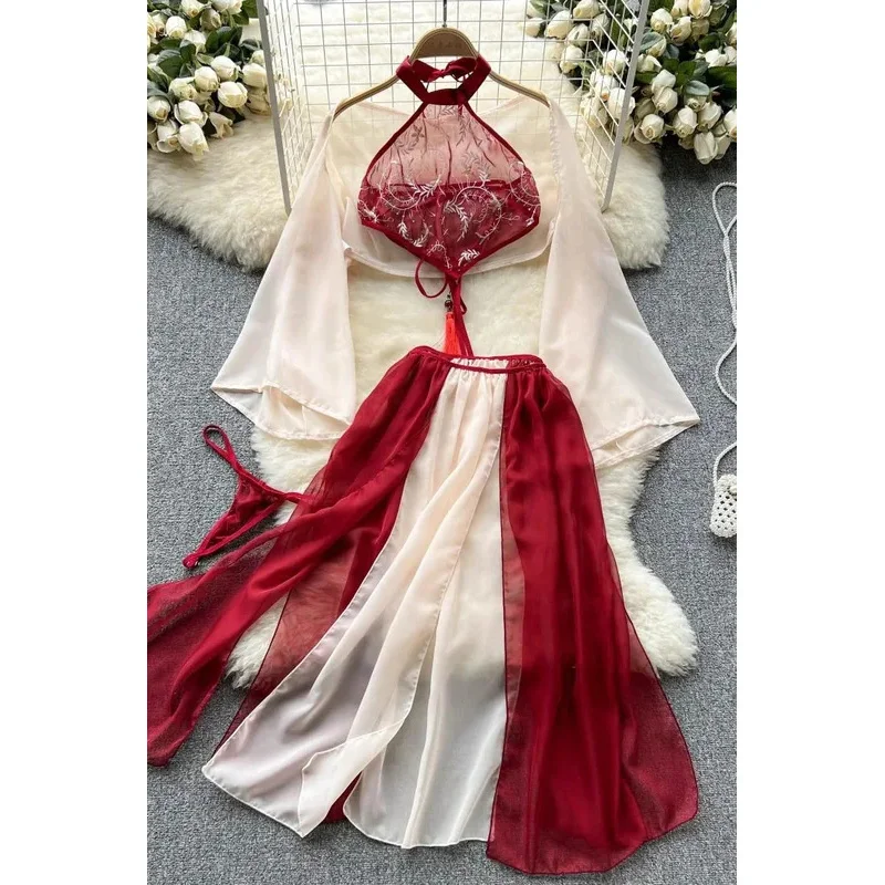 Chinese Tranditional Hanfu Dress Women Sexy Chffion High Split Temptation Lingerie Underwear Lace Halter Neck Erotic Nightgowns