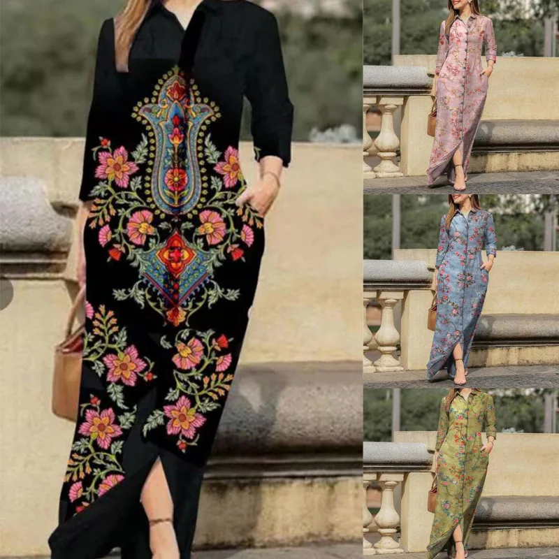 Women Dresses 2026 casual positioning floral printed pocket lapel collar button long dress women's clothing vestidoes