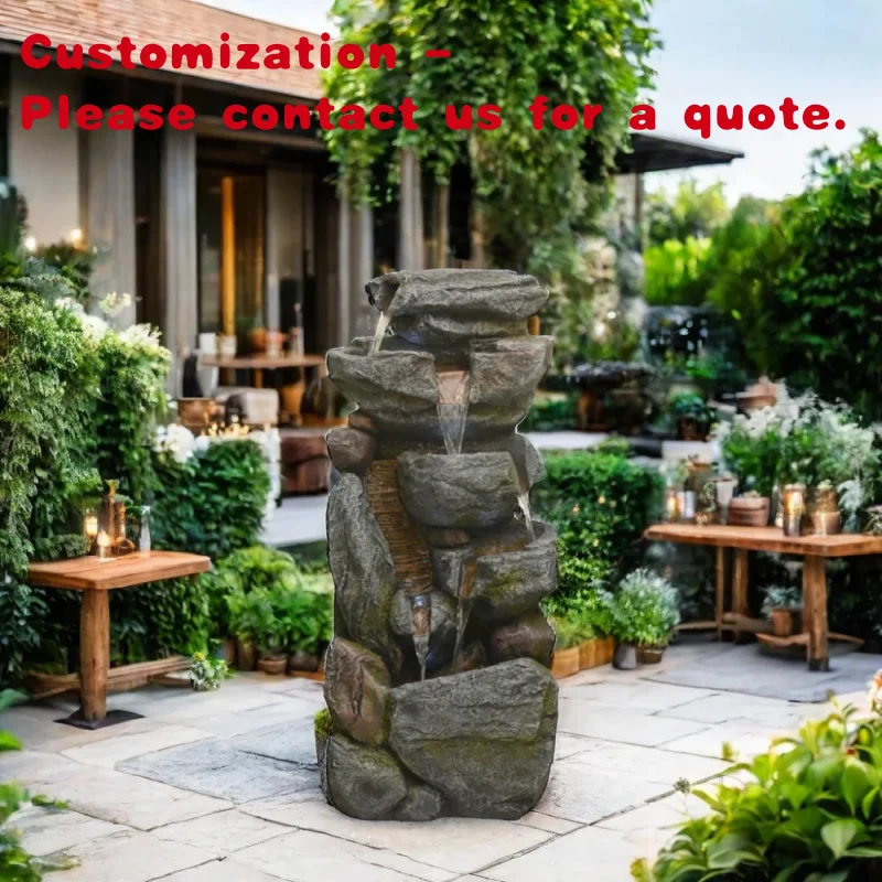 custom.6-Tiers Outdoor Waterfall Fountain Garden Decoration Rock Feature Cascading Floor Feature Mossy Rock Ornament