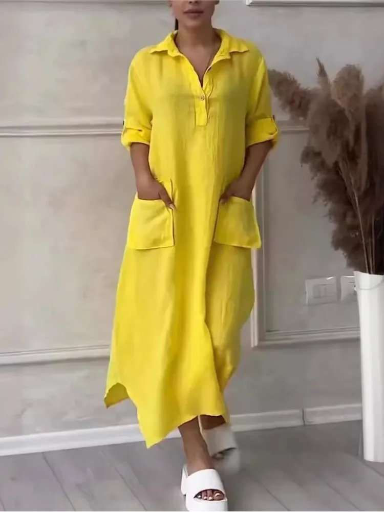 Luźna koszula na co dzień Sukienki dla kobiet Modna długa sukienka z klapami i kieszeniami Wiosna Jesień Sukienka z pełnym rękawem Vintage Kobiece Vestidos