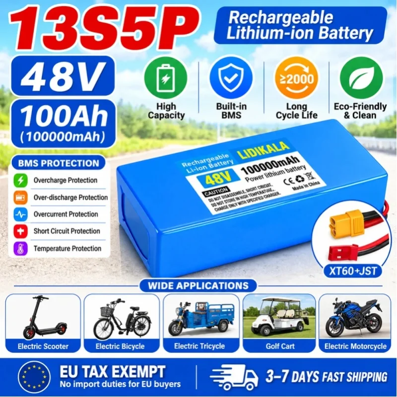 48V 100AH 13S5P 18650 Lithium-Akkupack, wiederaufladbarer Akku mit integriertem BMS für Elektrofahrräder, Elektroroller, Mountainbikes, 500W 750W 1000W Motoren, schneller Versand innerhalb der EU