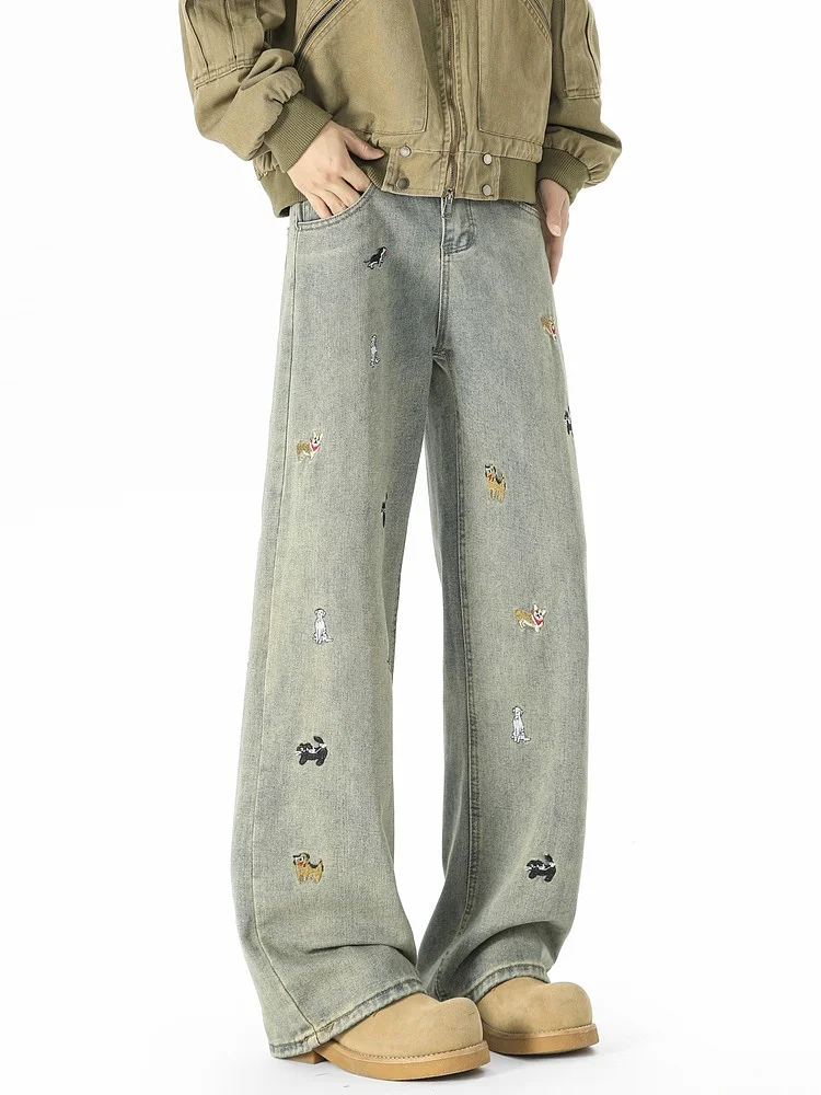 Wukong: Calças Jeans Unissex com Bordado Americano de Cachorro, Lavadas, de Perna Reta e Larga, Estilo Solto e Comprimento Total