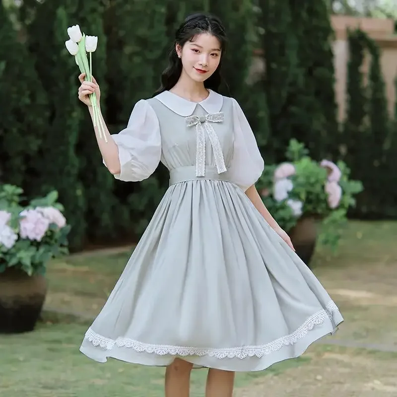 2024 New Japanese Korean Vintage Literature Forest Women's Doll Neck Dress Summer Female Casual Loose Medium To Long Bow Dresses