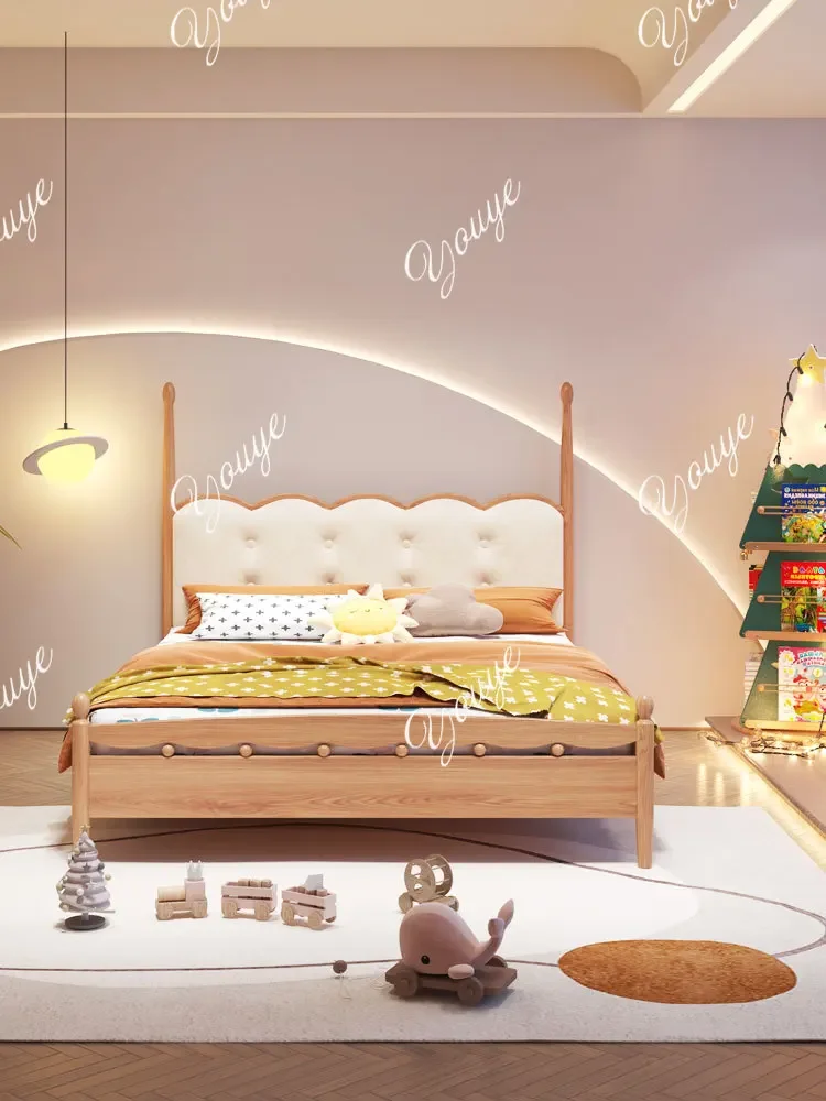 Cama de galleta N49, cama para niños de madera maciza de roble rojo, tela de terciopelo nórdico, bolsa suave, cama para niños, dormitorio para adolescentes