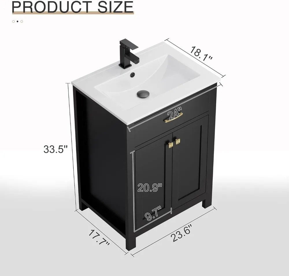 24 inch Bathroom Vanity with Sink, Painted Cabinet, White Sink, Soft Close Doors, Matte Black Faucet