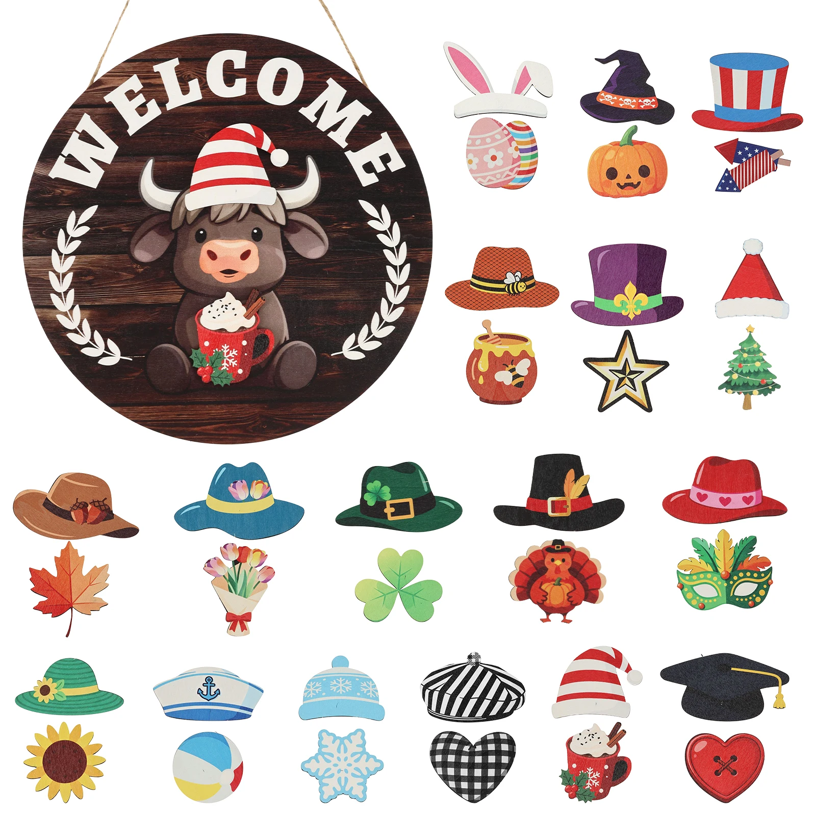 Round Welcome Hanging Plaque Goose/Cattle Interchangeable Wood Holiday Door Sign Year Seasonal Display Sign with Magnetic Piece