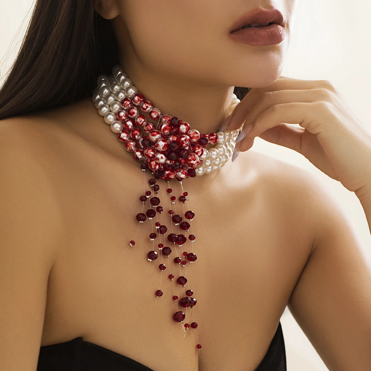 Goth Vintage Red Blood Pattern Imitation Pearl Chain Necklace for Women Wed Bridal Long Tassel Beads Pendant Halloween Jewelry