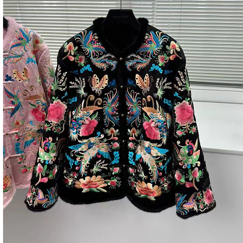 High end Autumn Winter New Round Neck Acetate Fabric Embroidered Butterfly Single breasted Women's Cotton Jacket S-XL