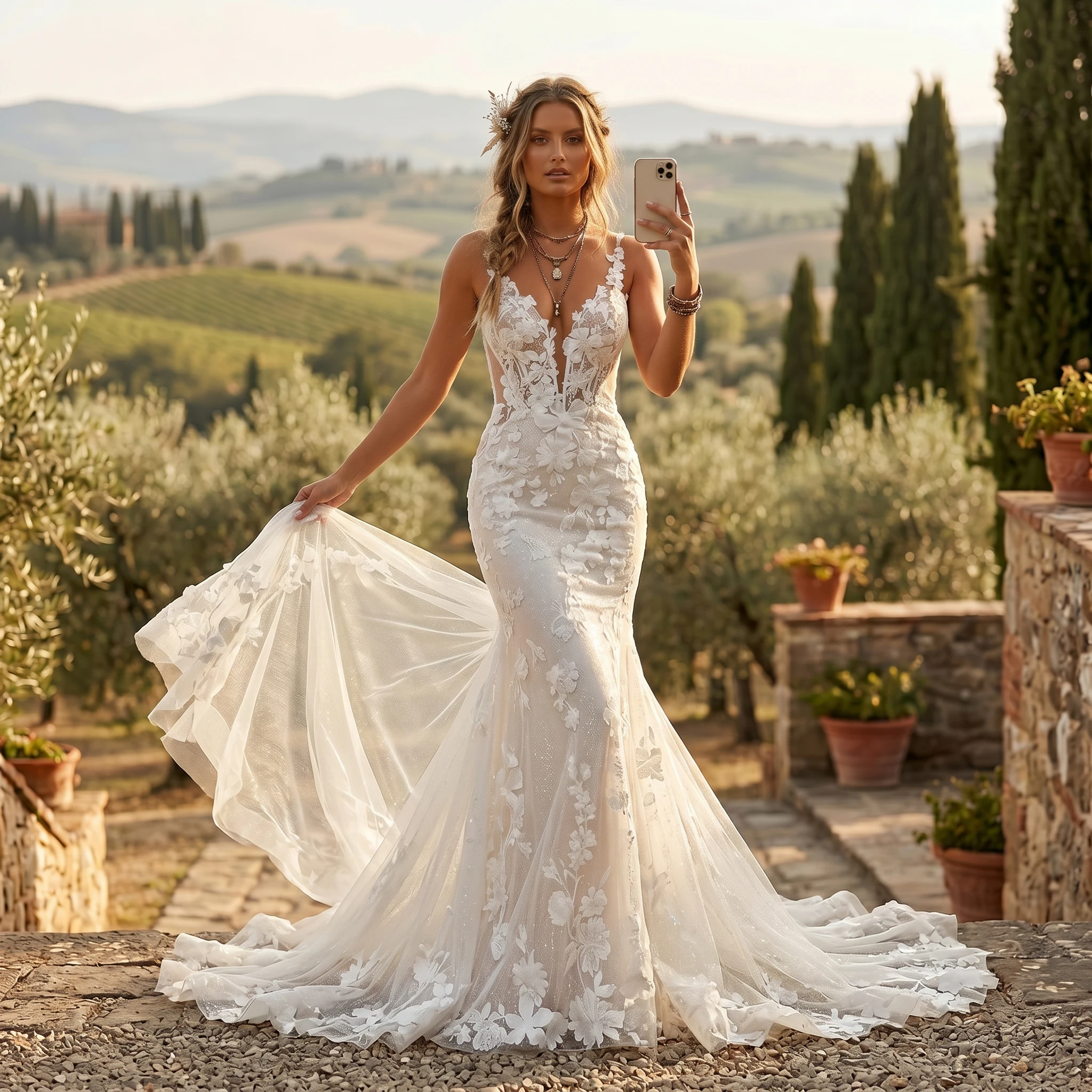 Spaghetti Strap Deep V Mermaid Wedding Dress 3D Floral Lace Sheer Back Pearl Button Sparkle Tulle Chapel Train Bridal Gown